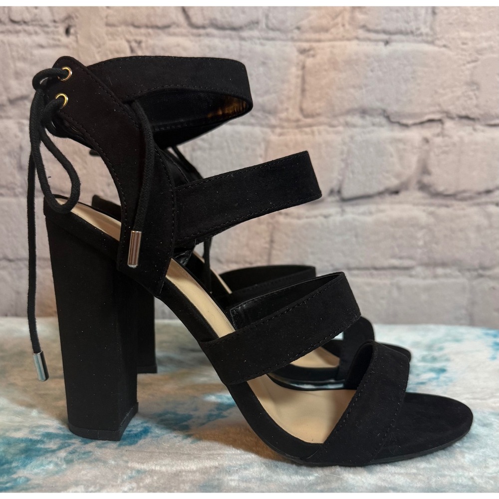 Wild Diva Lounge Black Faux Suede Multi‎ Strap Lace Up Block Heel Sandals Size 7